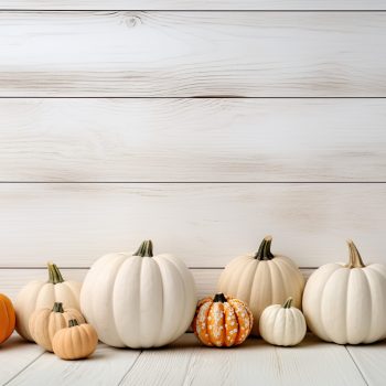 Orange halloween pumpkins on white planks, holiday decoration Created with Generative AI technology